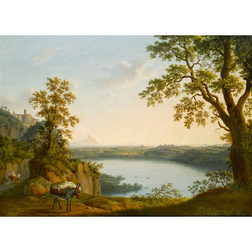 Lake Nemi from the North, with the Town of Nemi and the Town of Genzano beyond, with a Donkey and Travellers on a Path in the Foreground